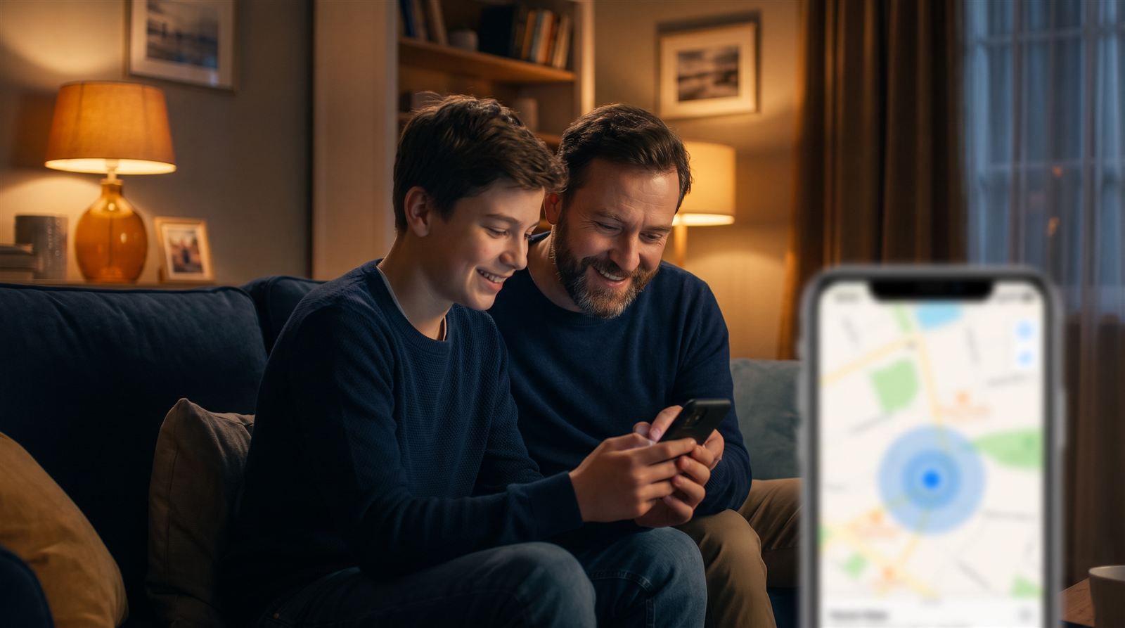 Un père et son fils suivent une position sur la carte du téléphone